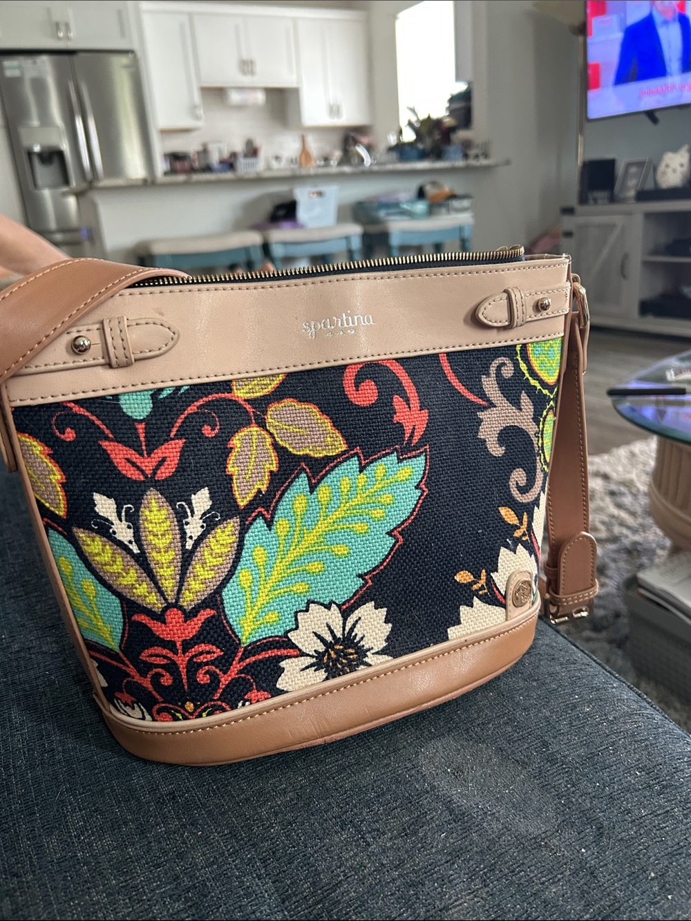 Spartina 449 Multicolor Floral Canvas Crossbody with Tan Trim in